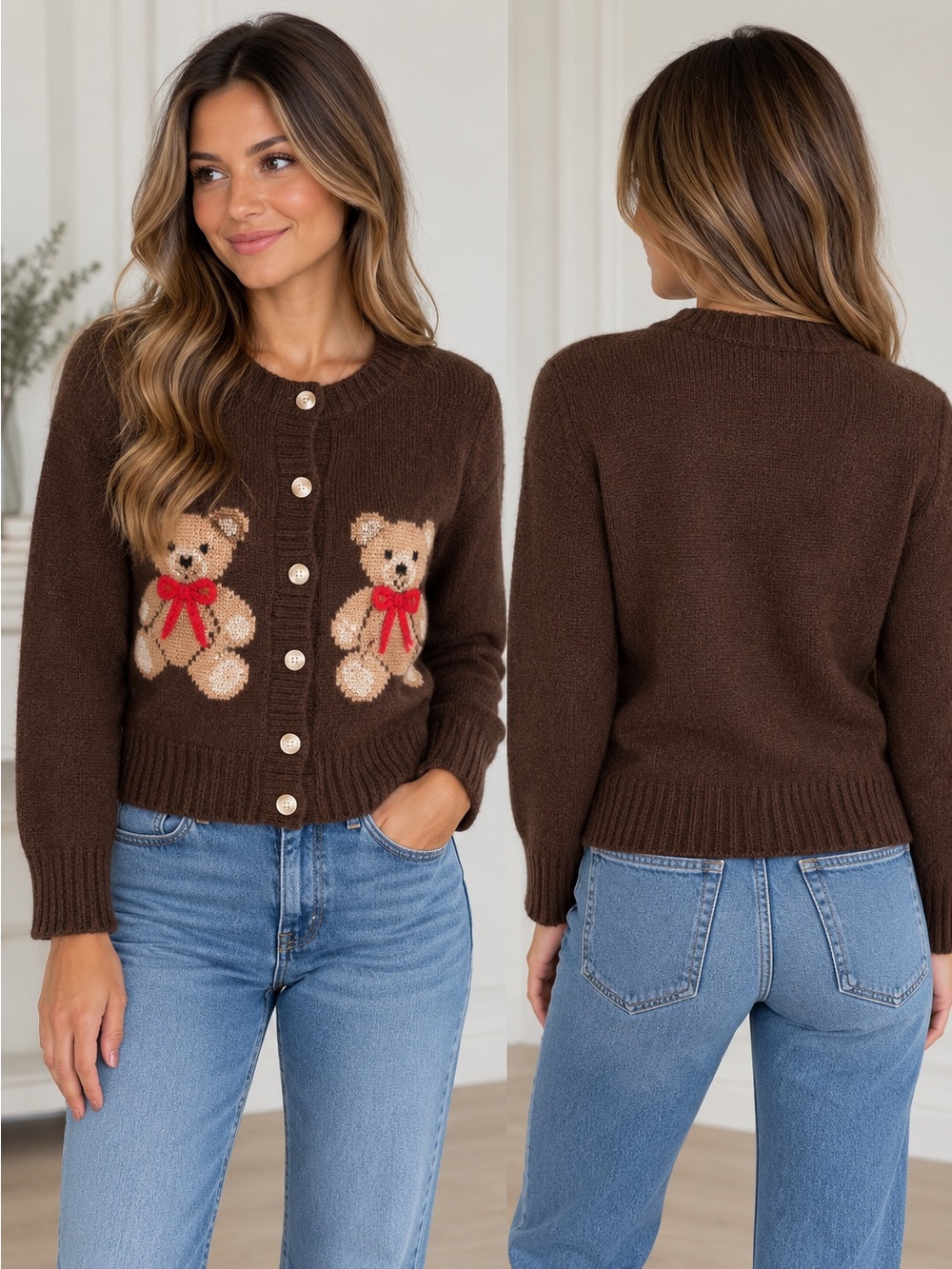 Luna Ivy  Teddy Knit Cardigan - Chocolate Brown